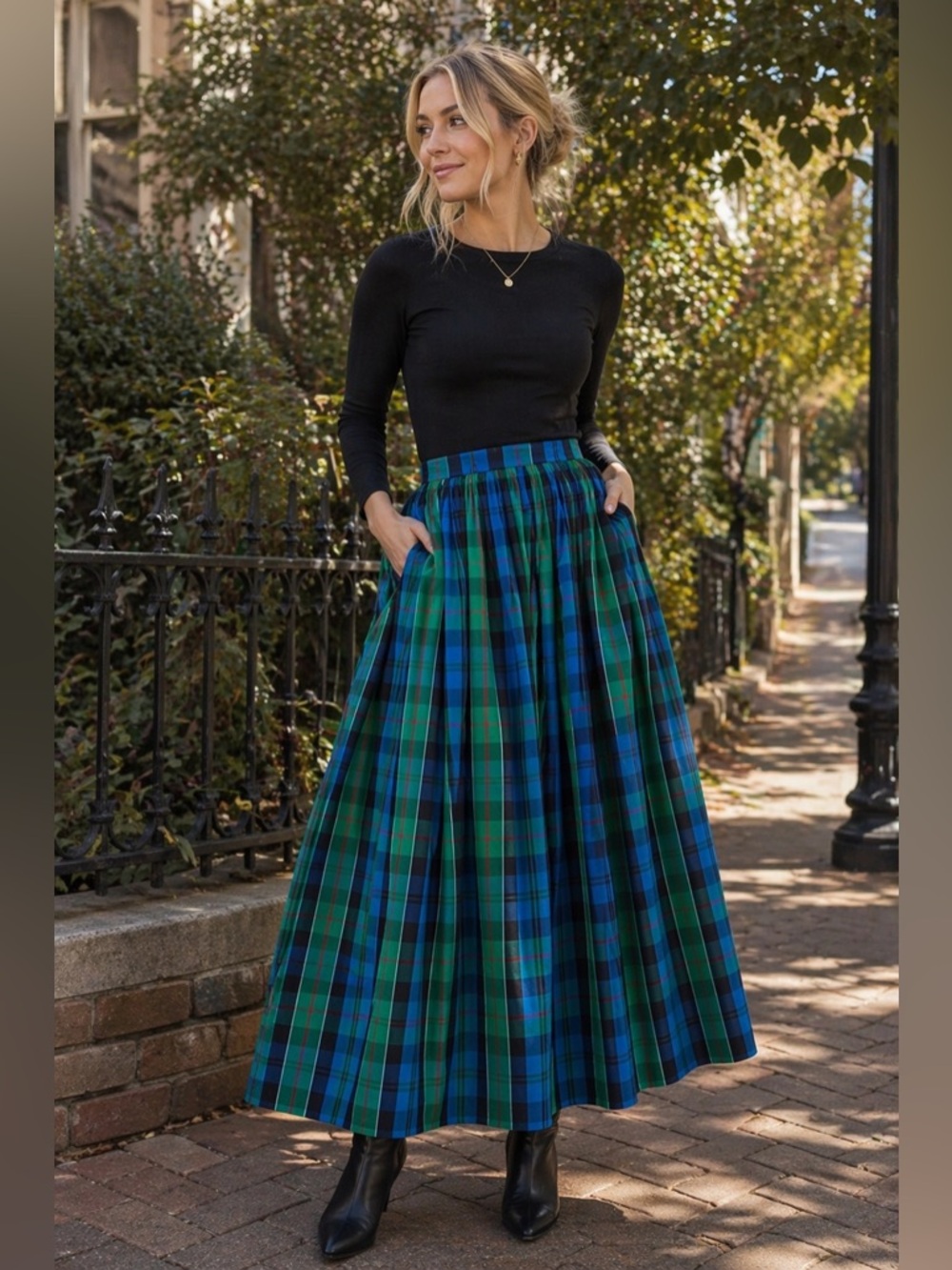 🔥Vintage Blue Green Plaid Midi Skirt High Waisted Tartan Skirt Preppy Classic